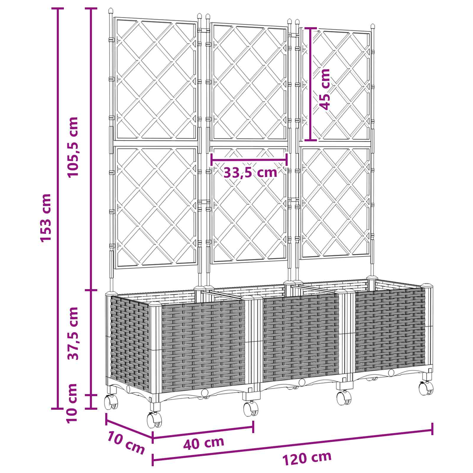 Tuinplantbak met schutting en wielen 3 st Wit 120 x 40 x 149 cm