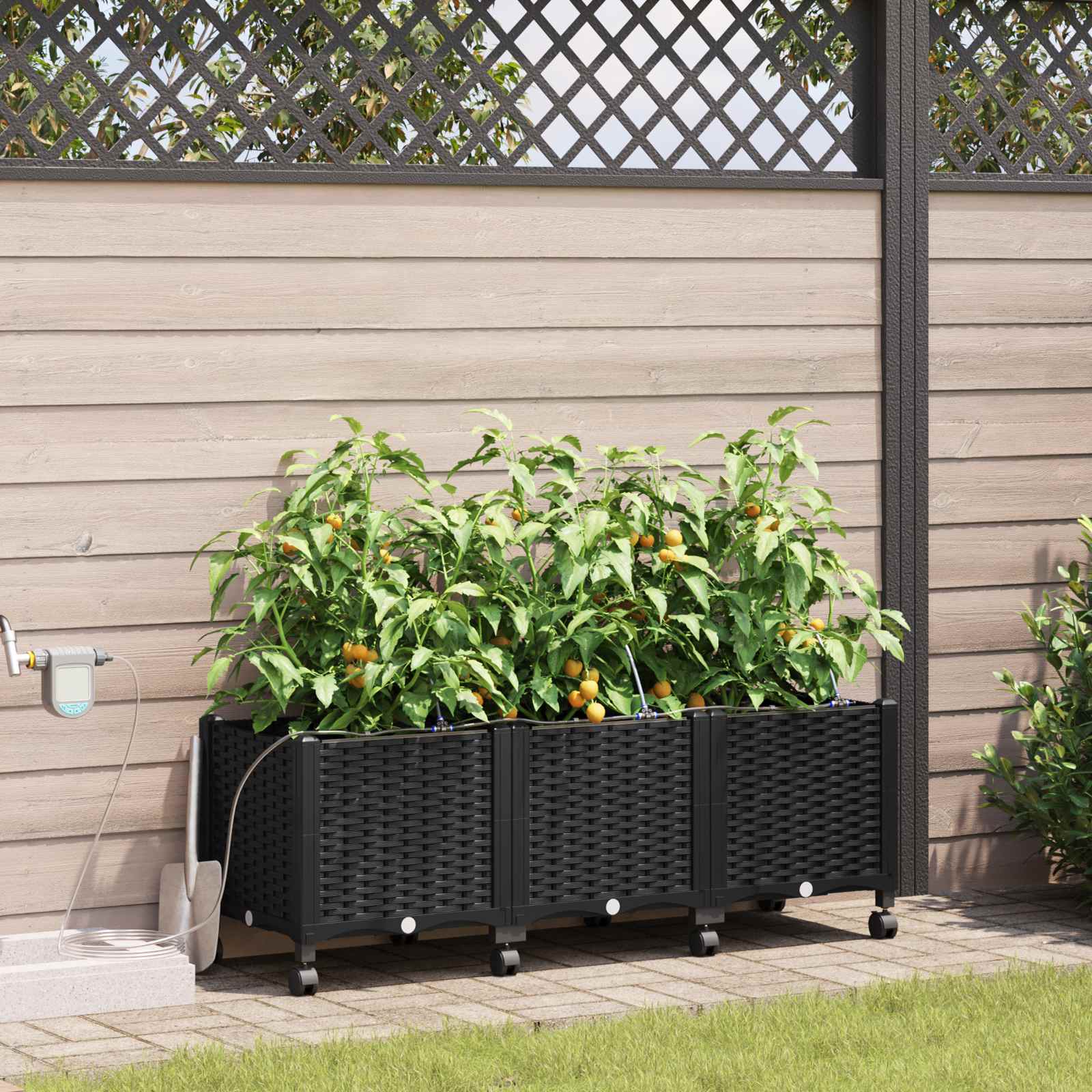 Tuin Pot met Irrigatie en Wielen 3 st Zwart 120 x 40 x 43,5 cm