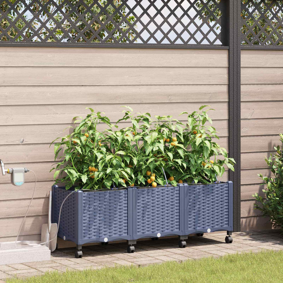 Tuin Pot met Irrigatie en Wielen 3 st Grijs 120 x 40 x 43,5 cm