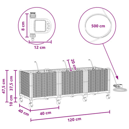 Tuin Pot met Irrigatie en Wielen 3 st Grijs 120 x 40 x 43,5 cm