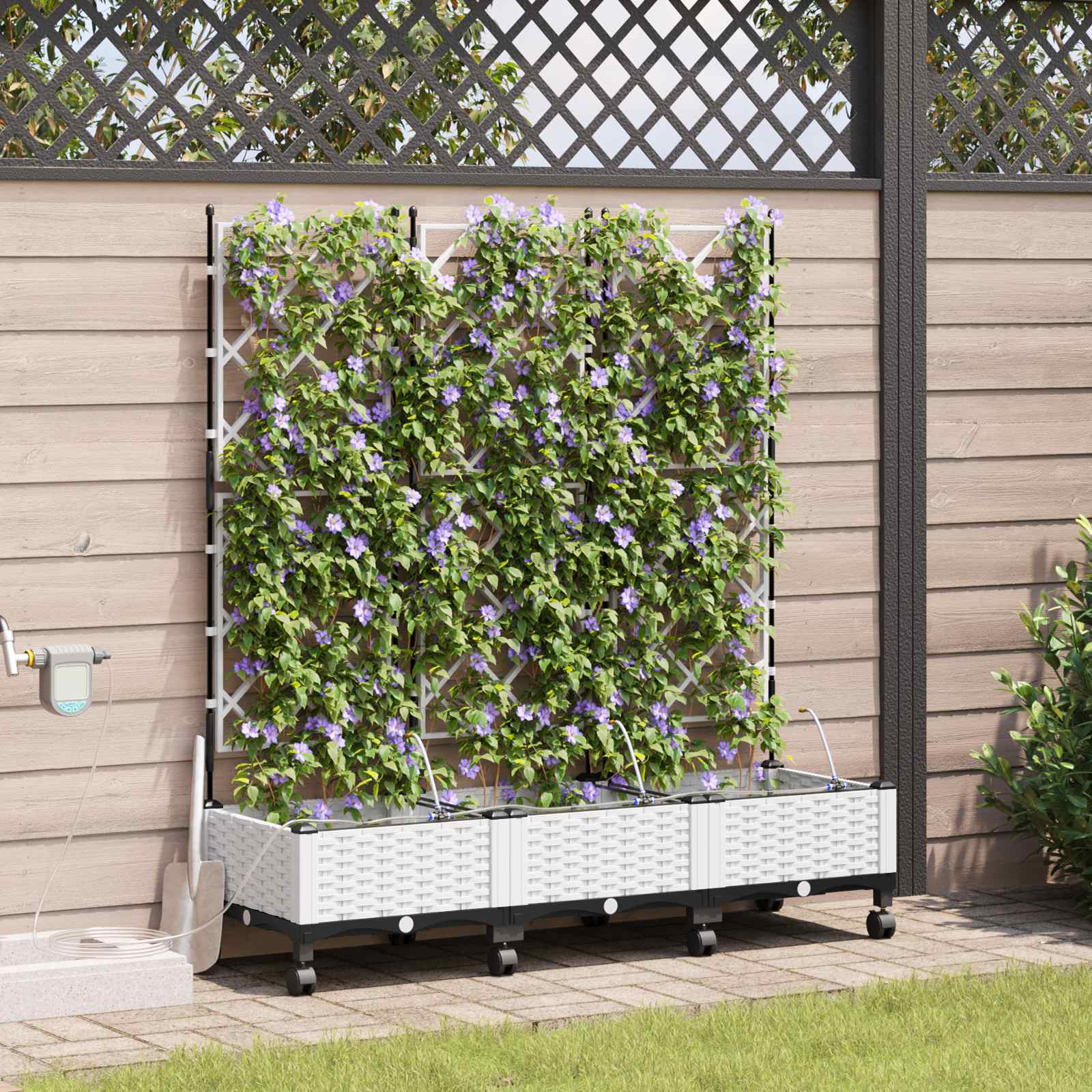 Tuin Pot met Irrigatie en Wielen 3 st Wit 120 x 40 x 132 cm PP