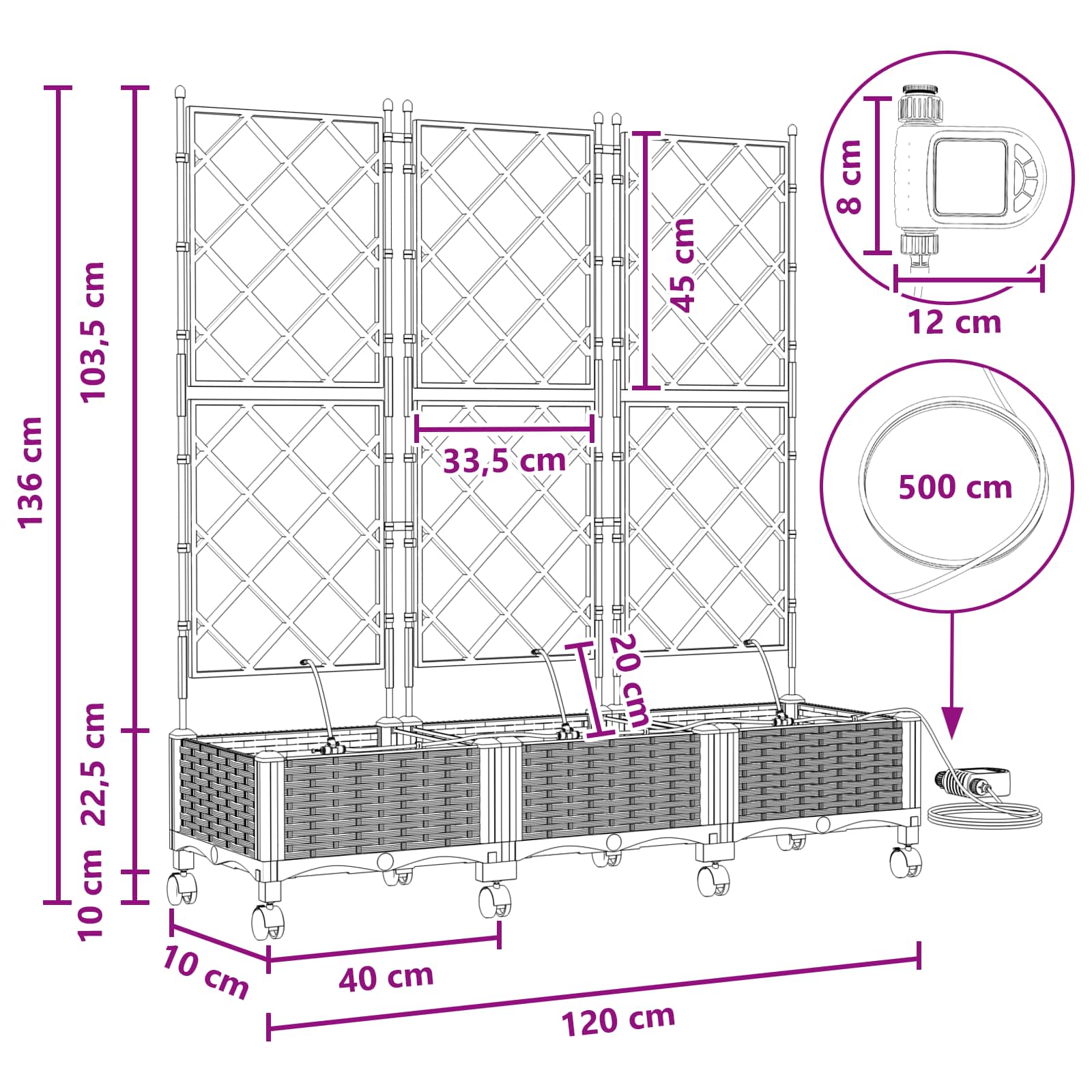 Tuin Pot met Irrigatie en Wielen 3 st Wit 120 x 40 x 132 cm PP