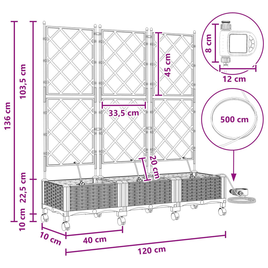 Tuin Pot met Irrigatie en Wielen 3 st Wit 120 x 40 x 132 cm PP
