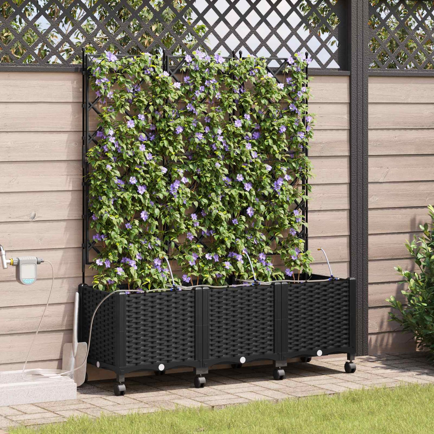 Tuin Pot met Irrigatie en Wielen 3 st Zwart 120 x 40 x 148 cm