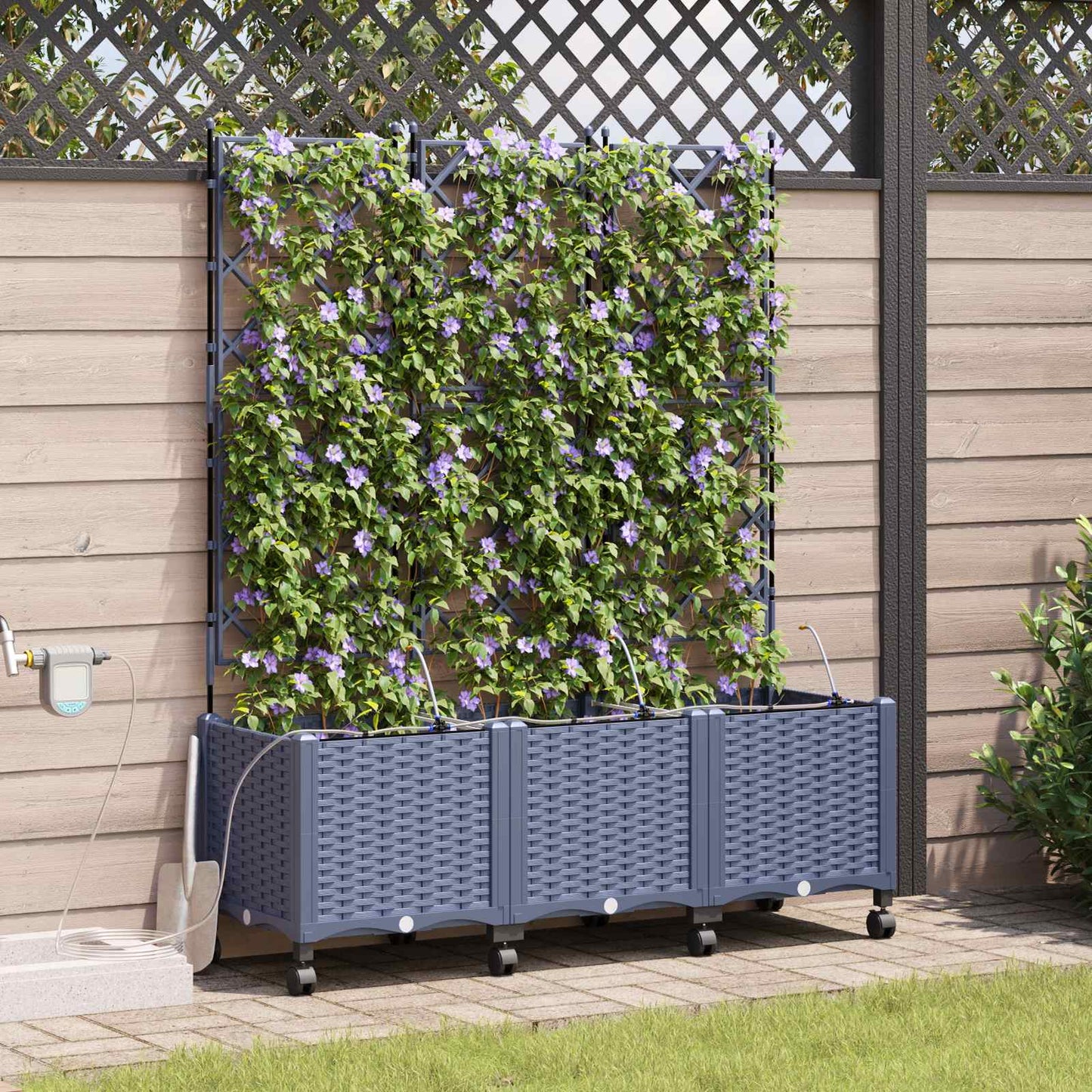 Tuin Pot met Irrigatie en Wielen 3 st Grijs 120 x 40 x 148 cm