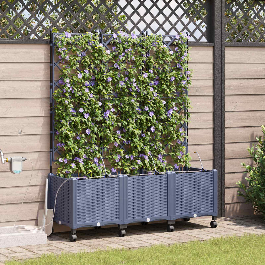 Tuin Pot met Irrigatie en Wielen 3 st Grijs 120 x 40 x 148 cm