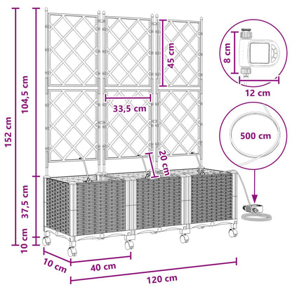 Tuin Pot met Irrigatie en Wielen 3 st Grijs 120 x 40 x 148 cm