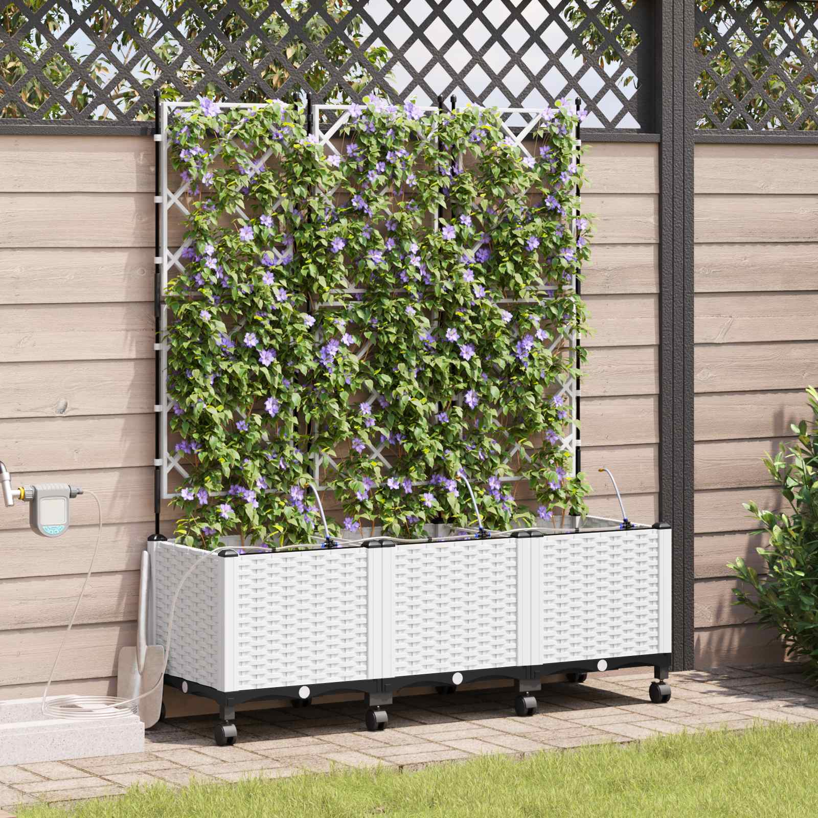 Tuin Pot met Irrigatie en Wielen 3 st Wit 120 x 40 x 148 cm PP