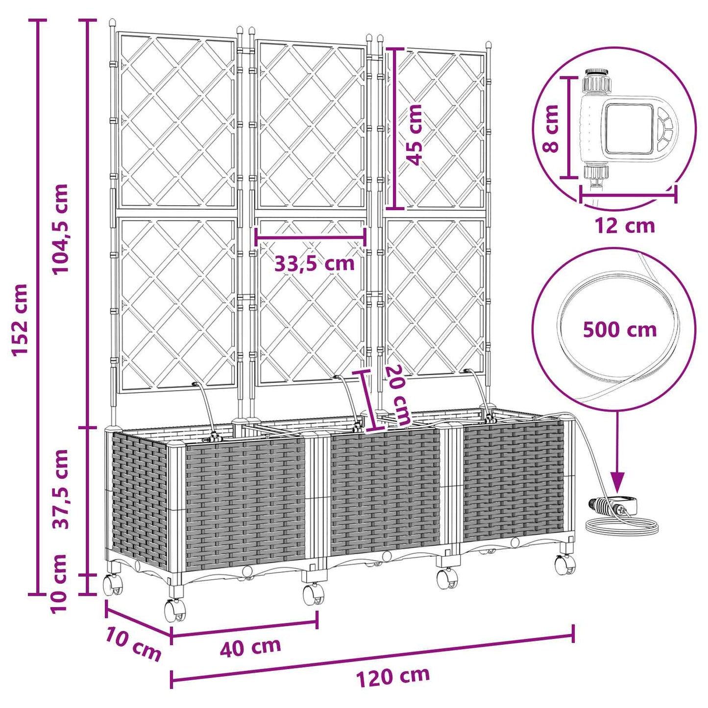 Tuin Pot met Irrigatie en Wielen 3 st Wit 120 x 40 x 148 cm PP