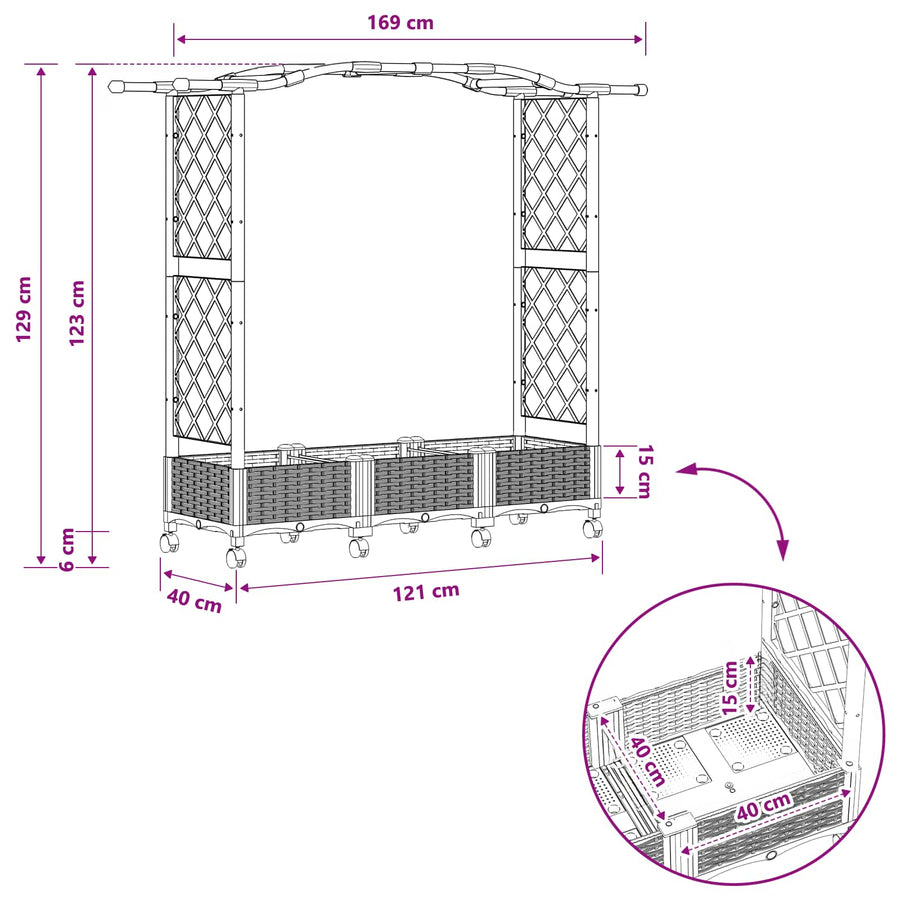 Verhoogd Bed met Trellis en Dak Zwart 169 x 40 x 129 cm PP