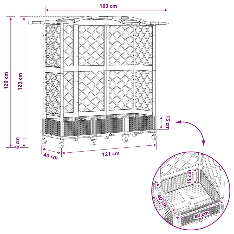 Verhoogd Bed met Trellis en Dak Zwart 163 x 40 x 129 cm PP
