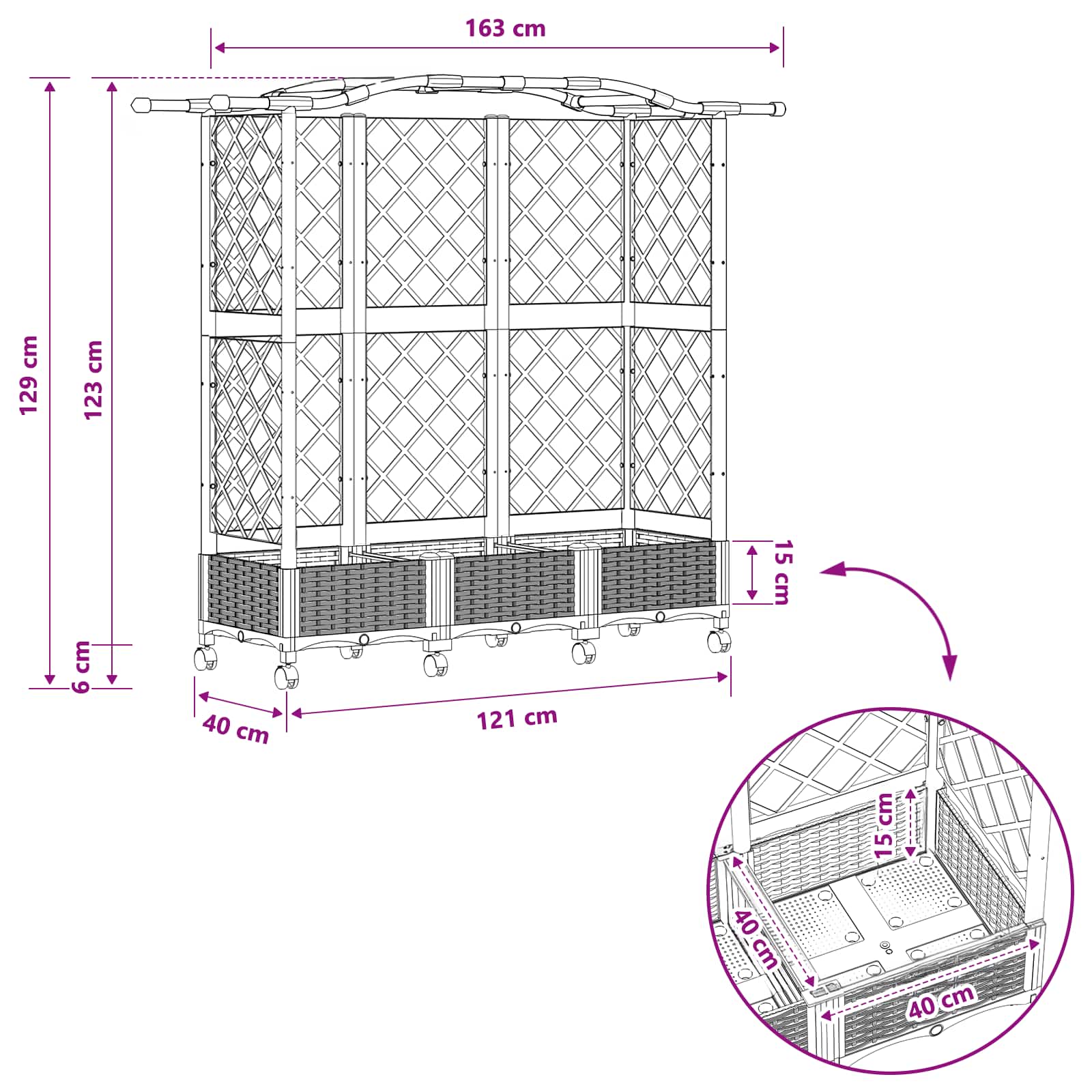 Verhoogd Bed met Trellis en Dak Grijs 163 x 40 x 129 cm PP
