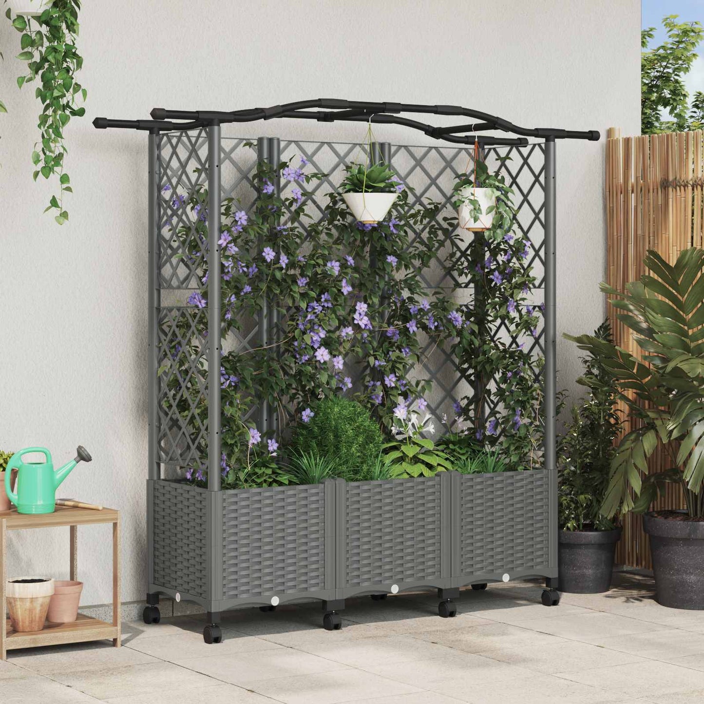 Verhoogd Bed met Trellis en Dak Lichtgrijs 163 x 40 x 144 cm PP