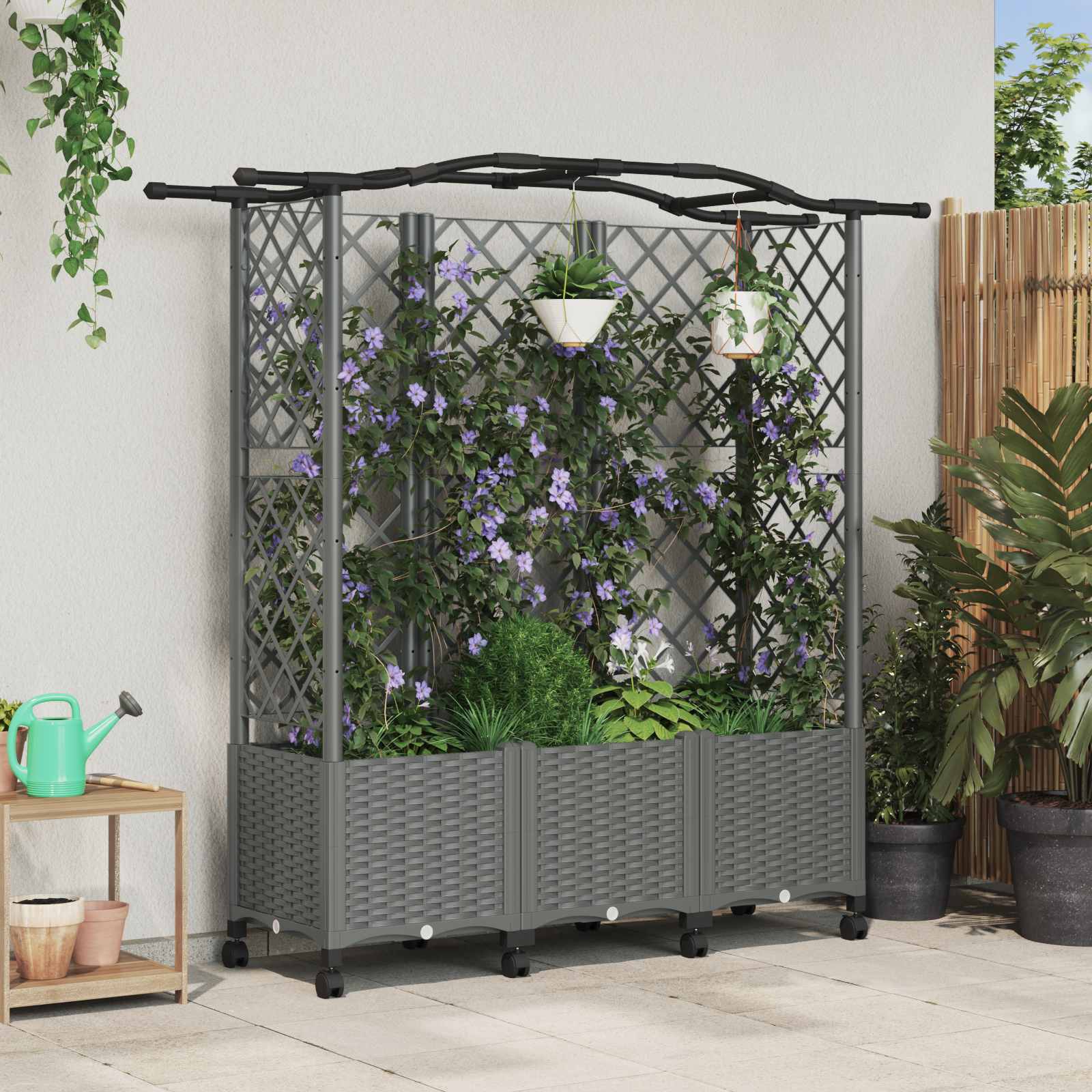 Verhoogd Bed met Trellis en Dak Lichtgrijs 163 x 40 x 144 cm PP