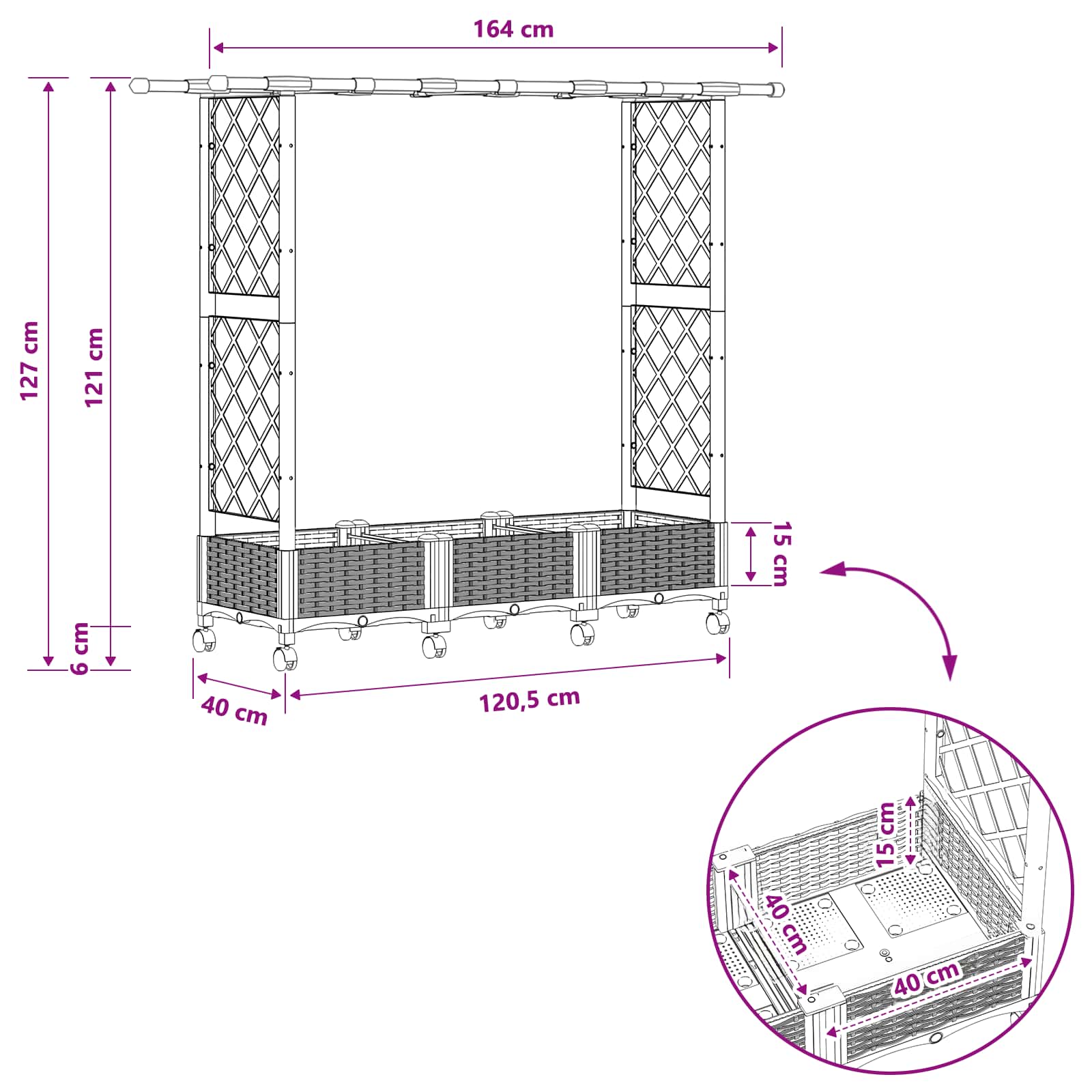 Verhoogd Bed met Trellis en Dak Zwart 164 x 40 x 127 cm PP