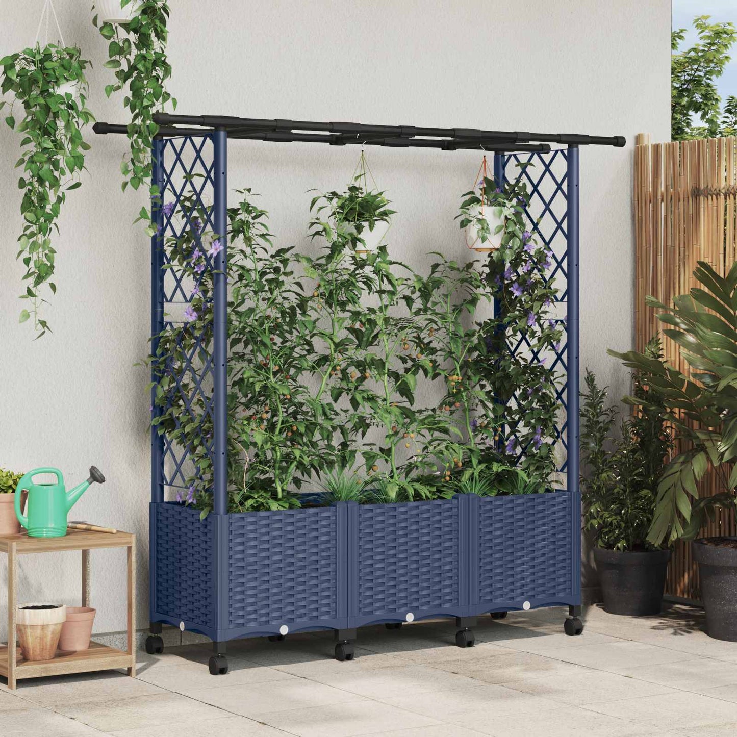 Verhoogd Bed met Trellis en Dak Grijs 162,5 x 40 x 142 cm PP