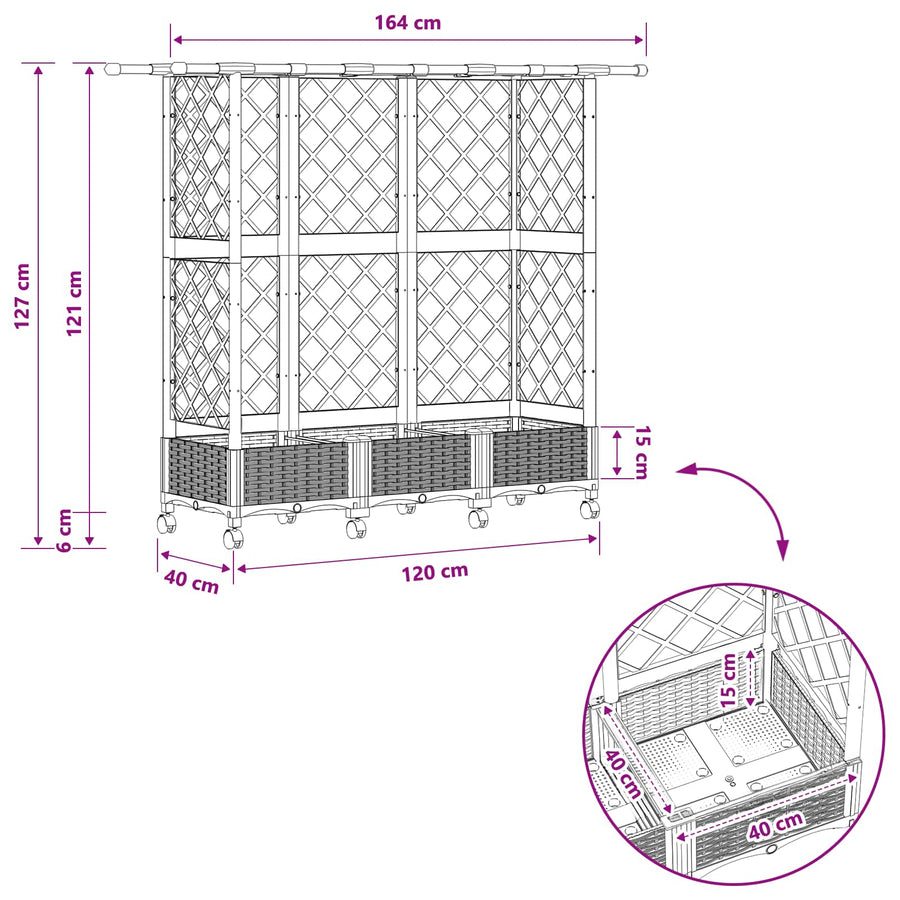 Verhoogd Bed met Trellis en Dak Grijs 164 x 40 x 127 cm PP