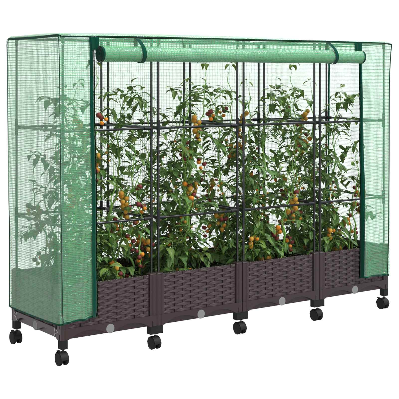 Tuinplantenbak met Kasbedekking en Wielen 4 st Bruin PP