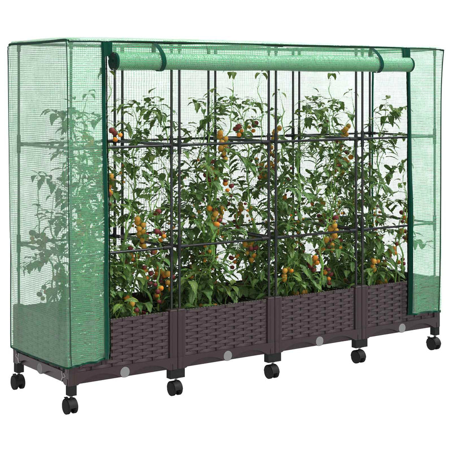Tuinplantenbak met Kasbedekking en Wielen 4 st Bruin PP