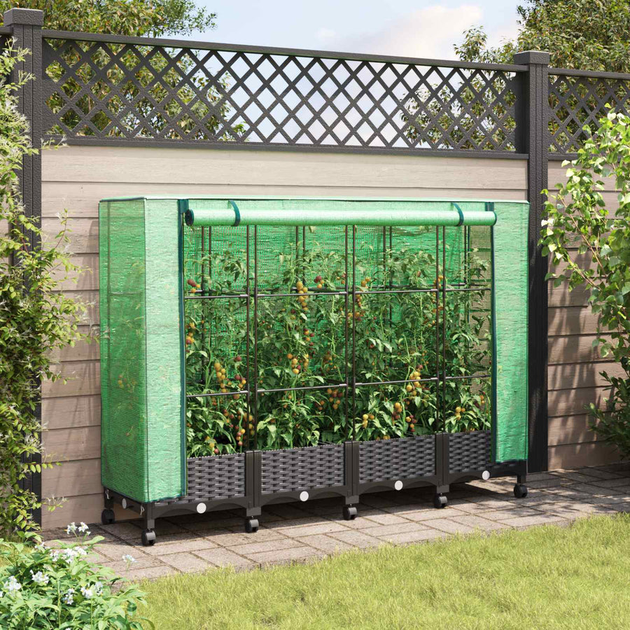 Tuinplantenbak met Kasbedekking en Wielen 4 st Zwart PP