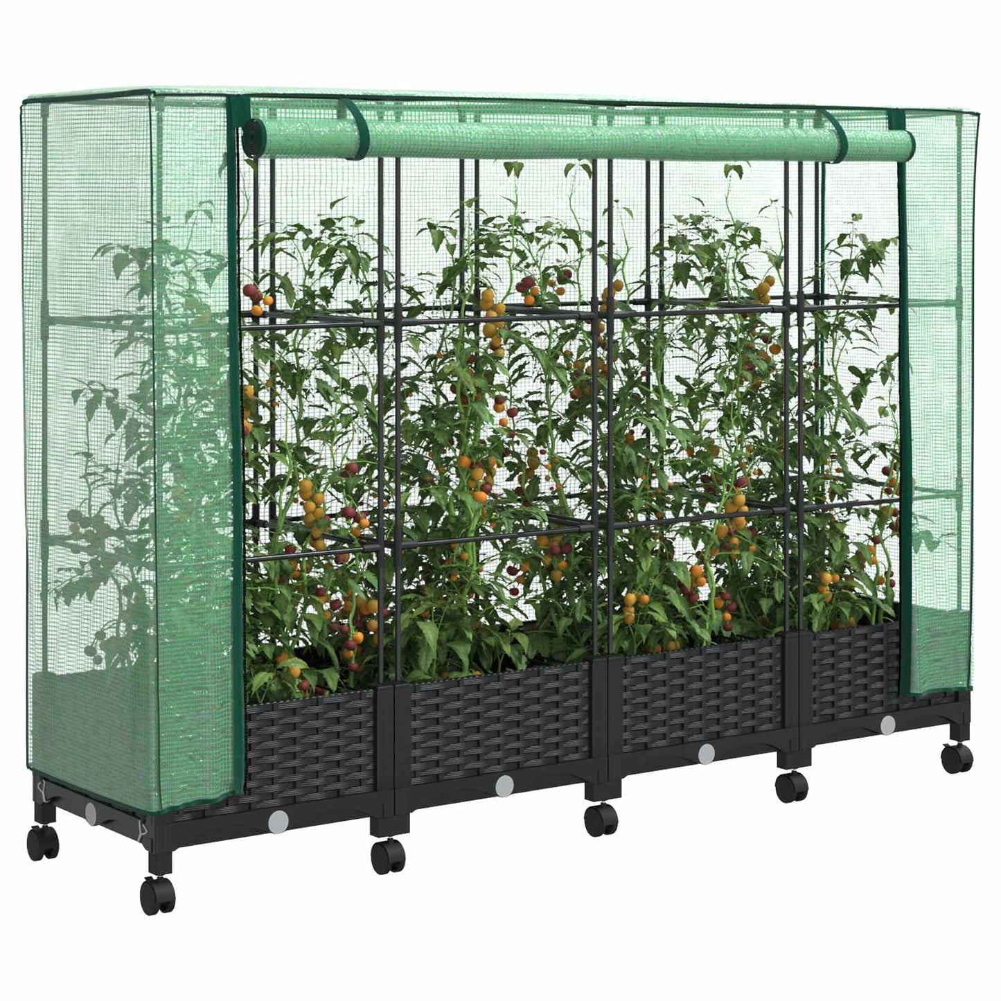 Tuinplantenbak met Kasbedekking en Wielen 4 st Zwart PP