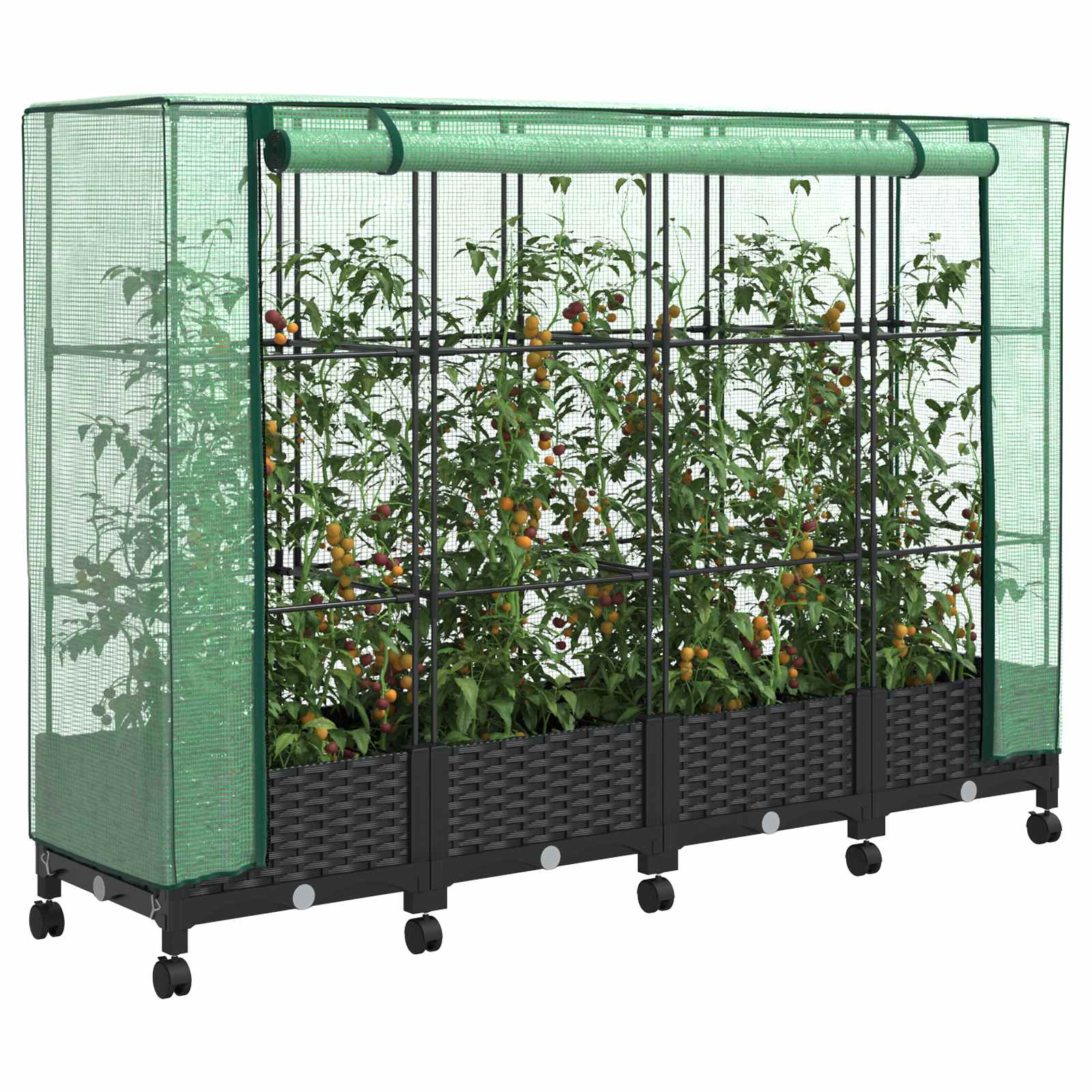 Tuinplantenbak met Kasbedekking en Wielen 4 st Zwart PP