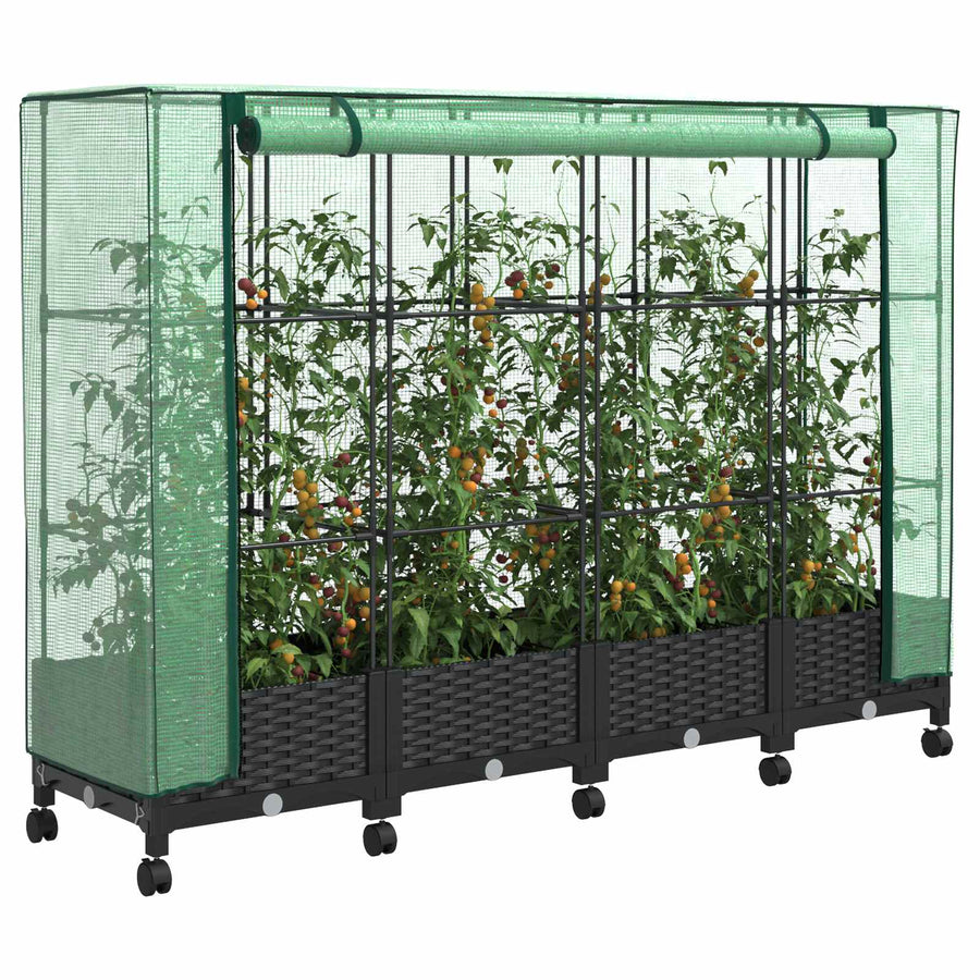 Tuinplantenbak met Kasbedekking en Wielen 4 st Zwart PP
