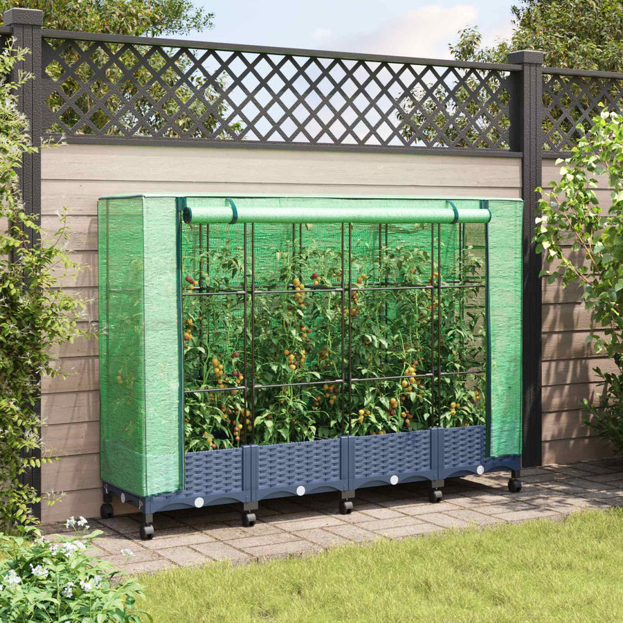 Tuinplantenbak met Kasbedekking en Wielen 4 st Blauw Grijs PP