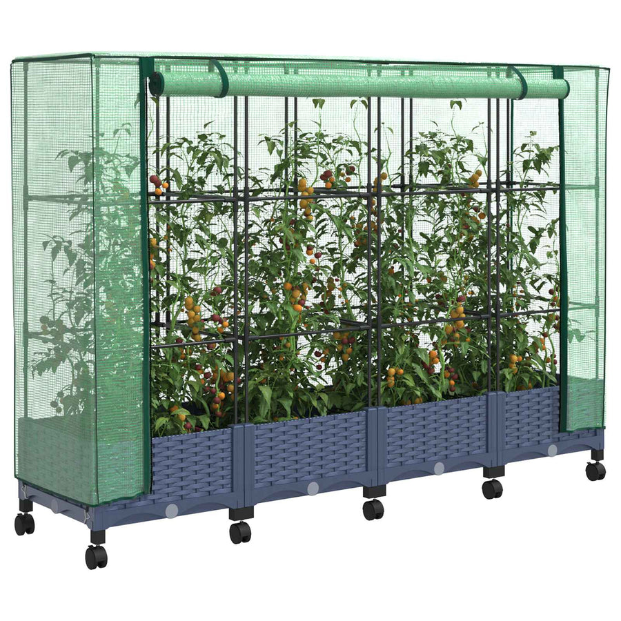 Tuinplantenbak met Kasbedekking en Wielen 4 st Blauw Grijs PP