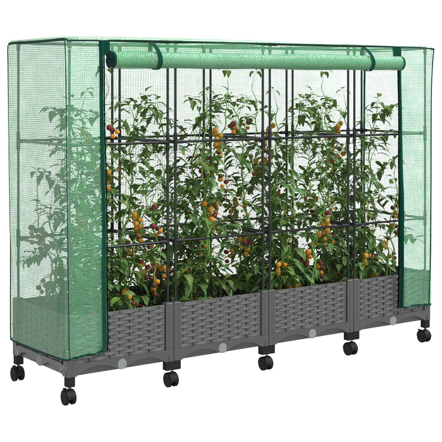 Tuinplantenbak met Kasbedekking en Wielen 4 st Lichtgrijs PP