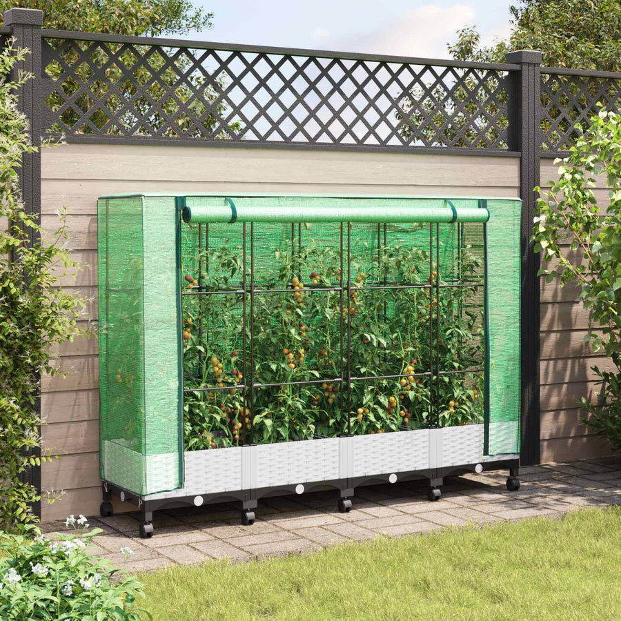 Tuinplantenbak met Kasbedekking en Wielen 4 st Wit PP