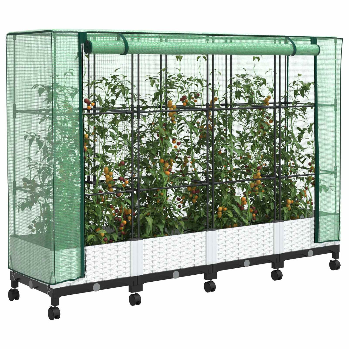Tuinplantenbak met Kasbedekking en Wielen 4 st Wit PP