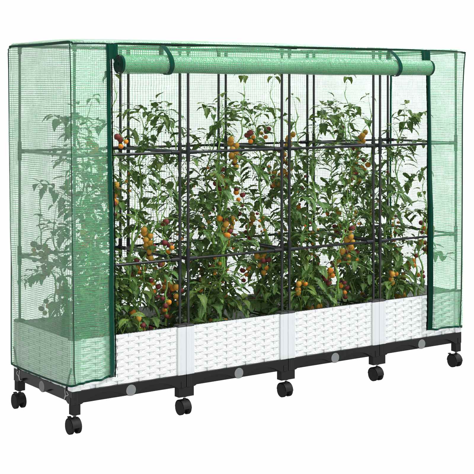 Tuinplantenbak met Kasbedekking en Wielen 4 st Wit PP