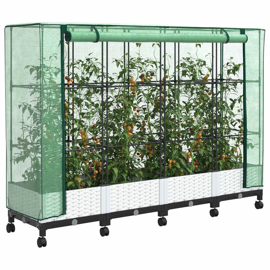 Tuinplantenbak met Kasbedekking en Wielen 4 st Wit PP