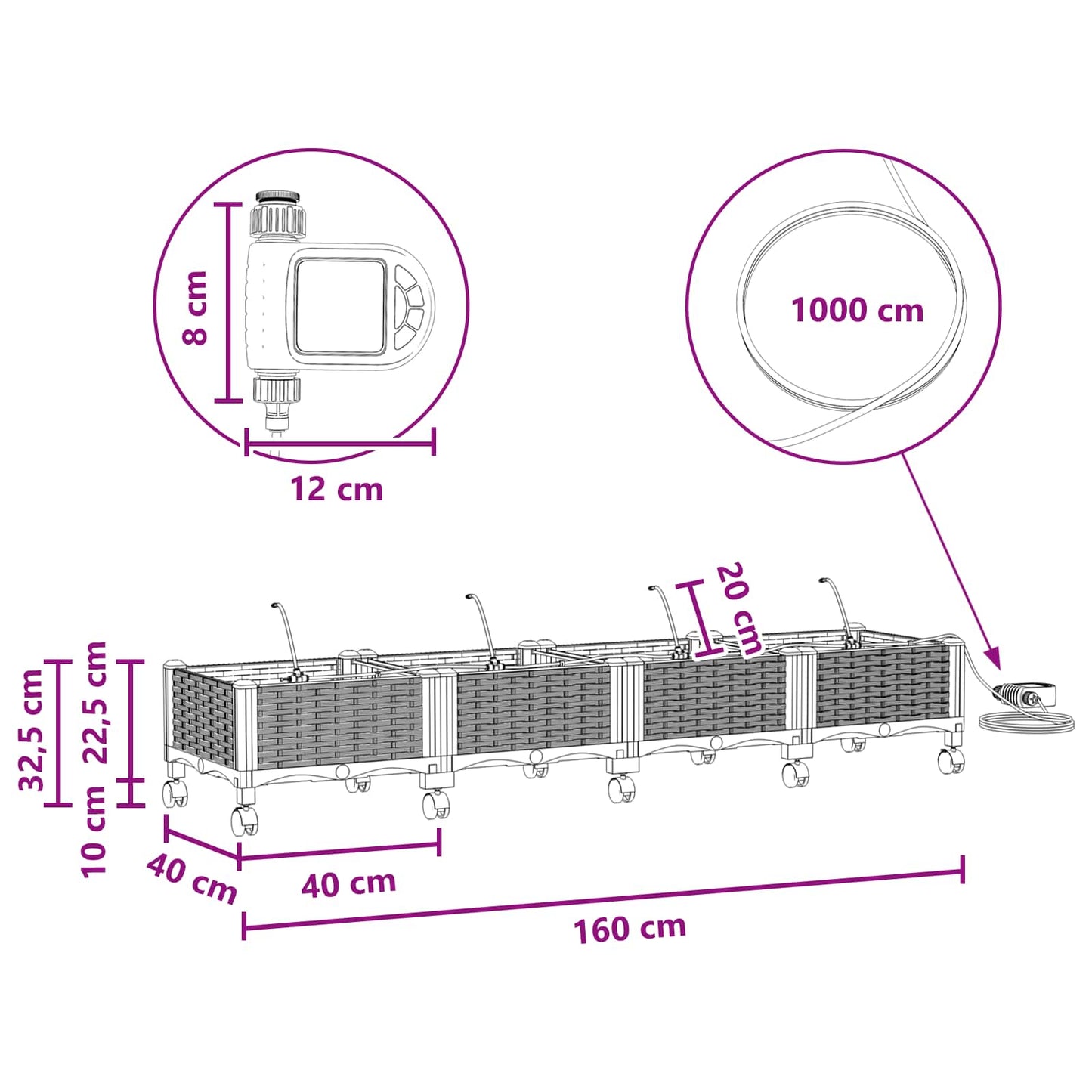 Tuin Pot met Irrigatie en Wielen 4 st Lichtgrijs PP