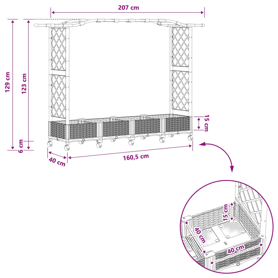 Verhoogd Bed met Trellis en Dak Bruin 207 x 40 x 129 cm PP