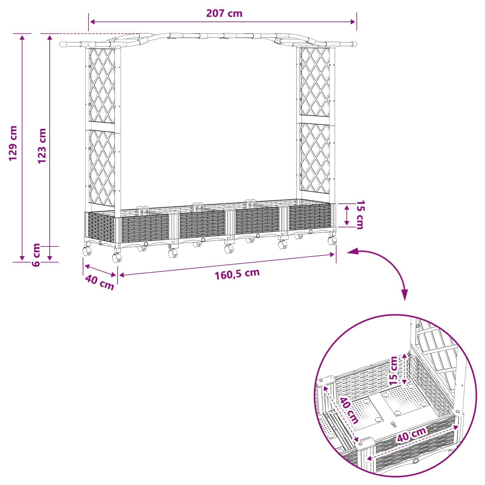 Verhoogd Bed met Trellis en Dak Zwart 207 x 40 x 129 cm PP
