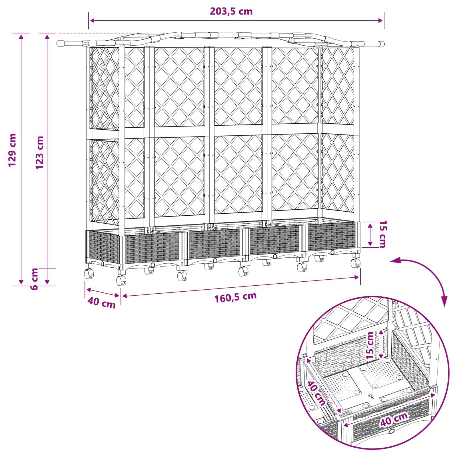 Verhoogd Bed met Trellis en Dak Lichtgrijs 203,5 x 40 x 129 cm