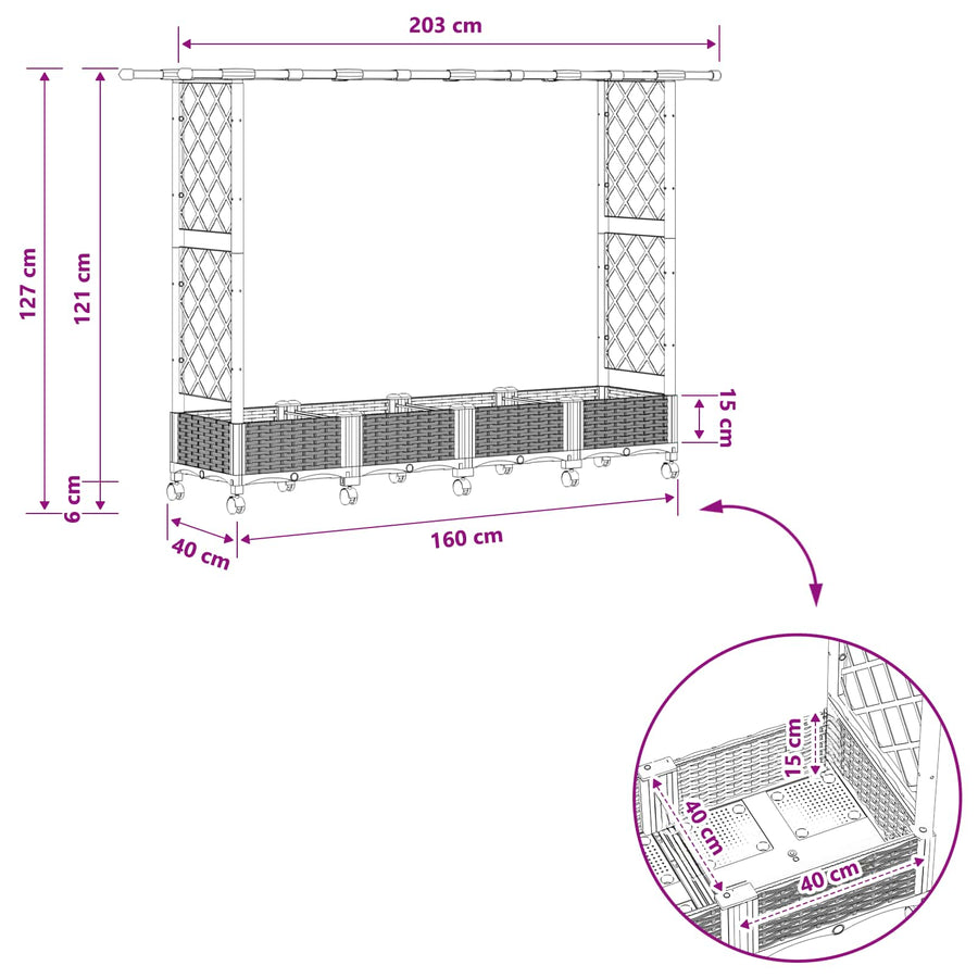 Verhoogd Bed met Trellis en Dak Lichtgrijs 203 x 40 x 127 cm PP