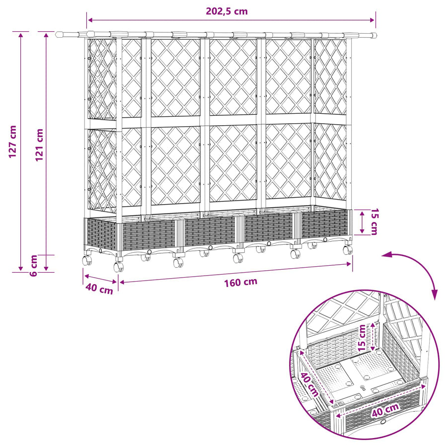 Verhoogd Bed met Trellis en Dak Bruin 202,5 x 40 x 127 cm PP