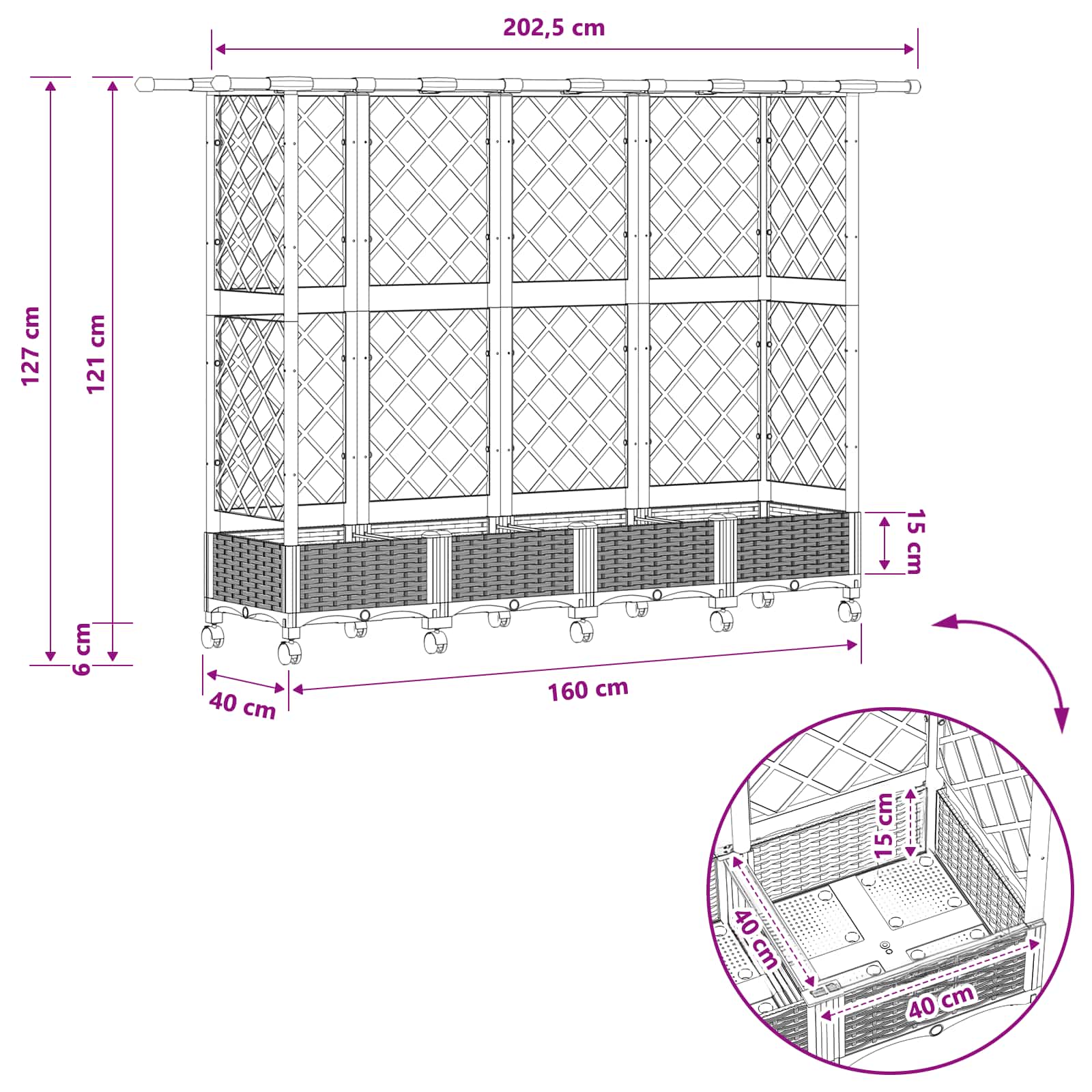Verhoogd Bed met Trellis en Dak Zwart 202,5 x 40 x 127 cm PP