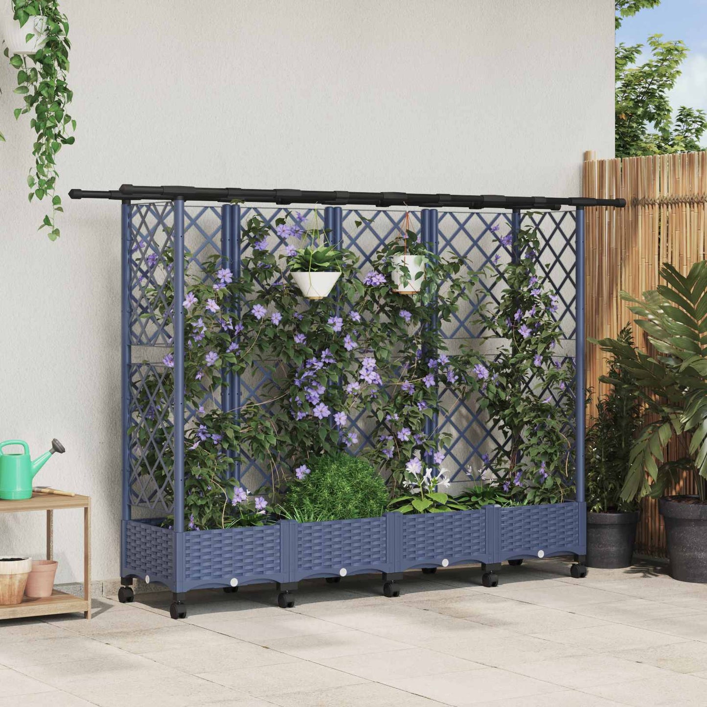 Verhoogd Bed met Trellis en Dak Grijs 202,5 x 40 x 127 cm PP