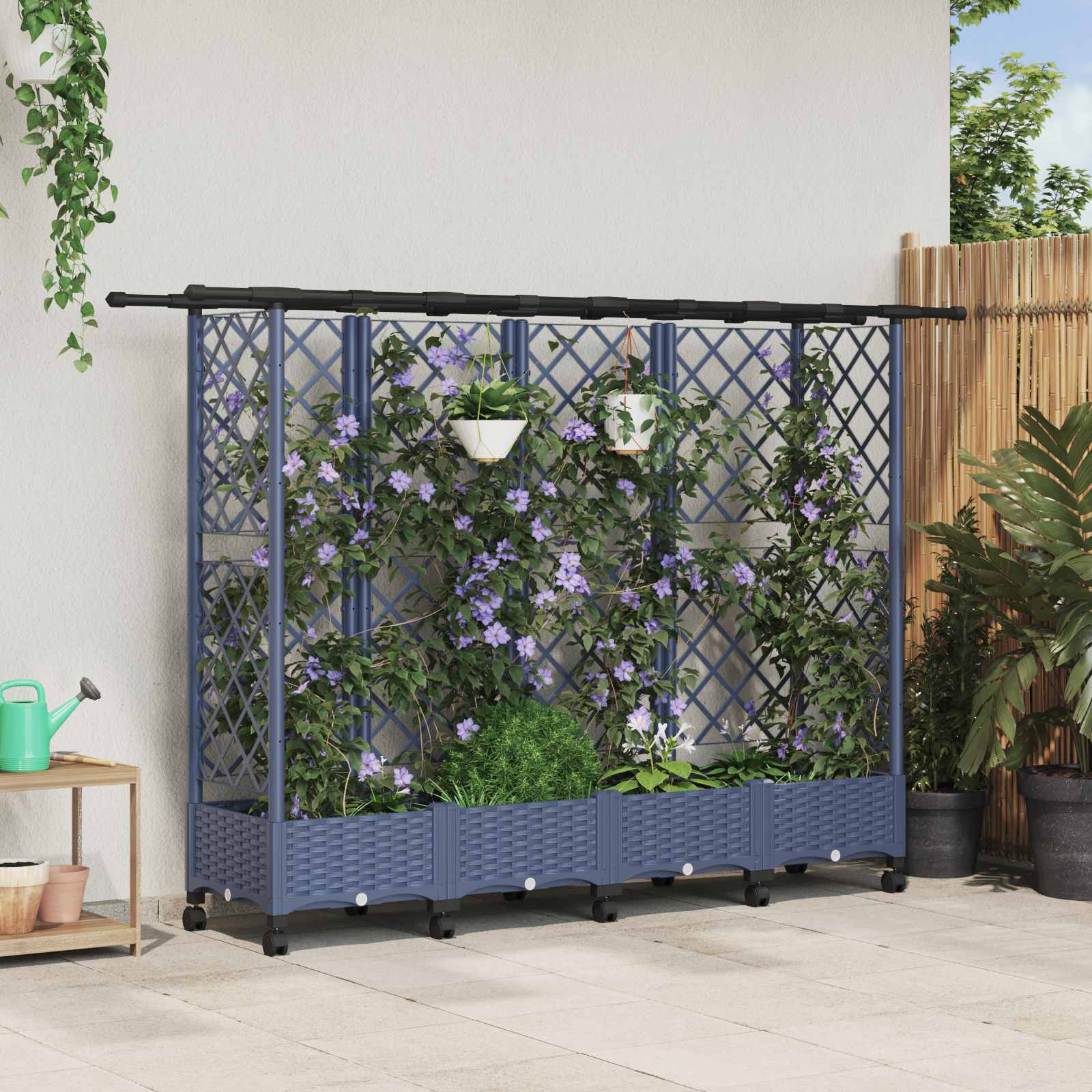 Verhoogd Bed met Trellis en Dak Grijs 202,5 x 40 x 127 cm PP