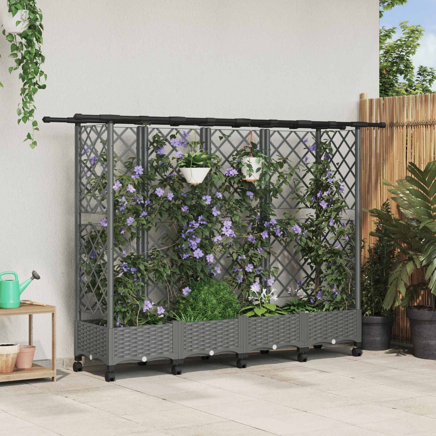 Verhoogd Bed met Trellis en Dak Lichtgrijs 202,5 x 40 x 127 cm
