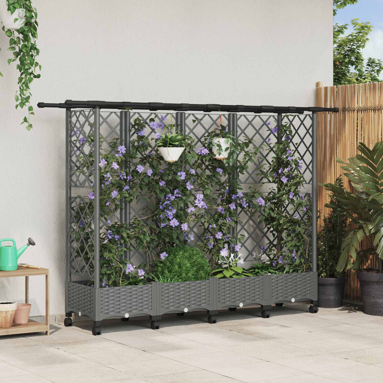 Verhoogd Bed met Trellis en Dak Lichtgrijs 202,5 x 40 x 127 cm