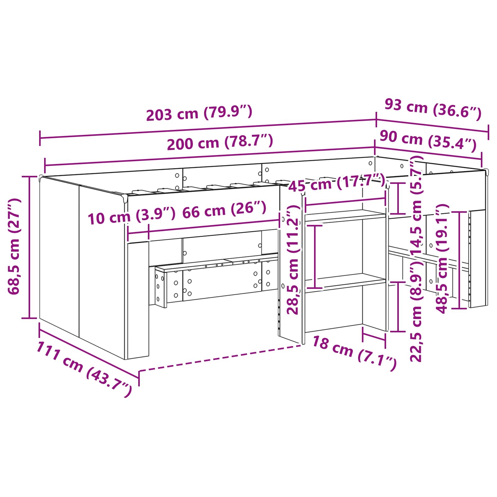 Kinder Hoogslaper 2 pcs Betongrijs 90 x 200 cm Bewerkt hout