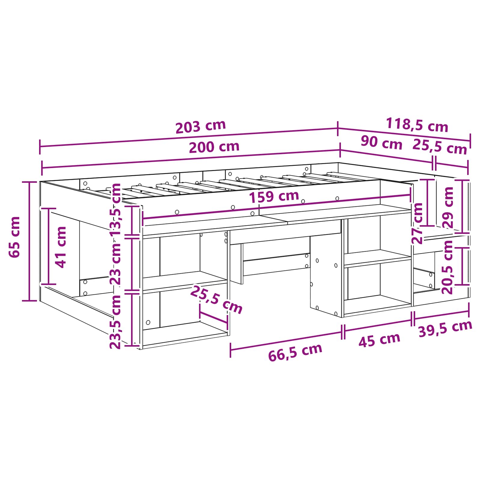 Jeugd bedframe met opbergruimte Zwart eiken 90 x 200 cm