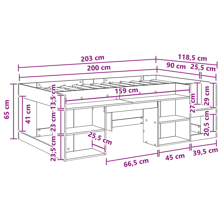 Jeugd bedframe met opbergruimte Zwart eiken 90 x 200 cm
