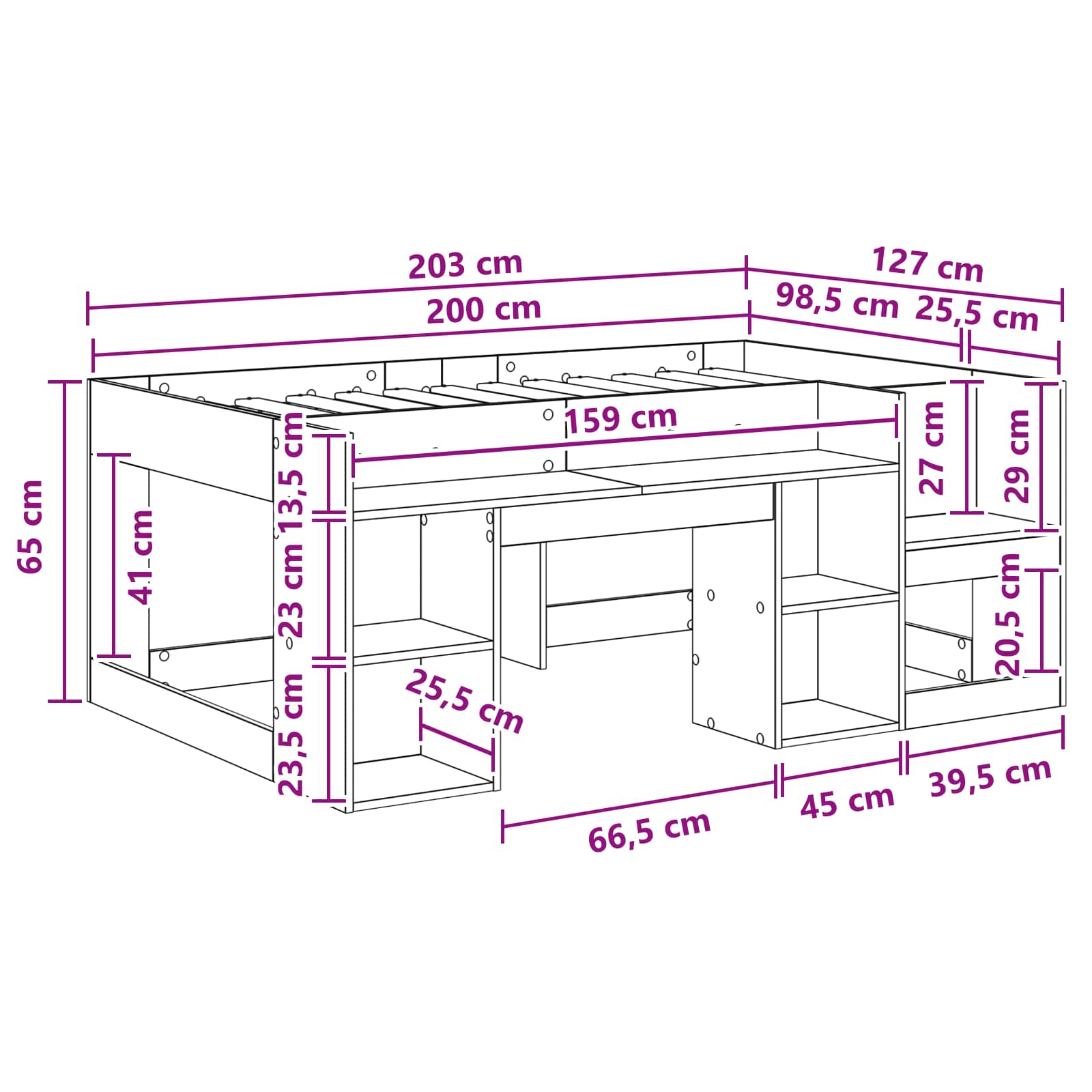 Jeugd bedframe met opbergruimte Oud hout 98.5 x 200 cm
