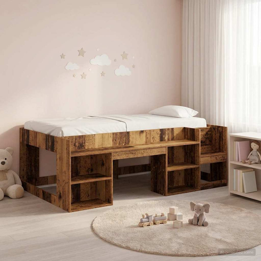 Jeugd bedframe met opbergruimte Oud hout 75 x 190 cm